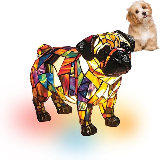 Atlodas Pug Lamp, Dogs Stained Resin Tabletop Night Light, Dog Series Art Night Light, Dog Stained Glass Lamp, 3D Cute Pet Themed LED Table Lamps, Gift for Lovers (#03) - Bloomnest