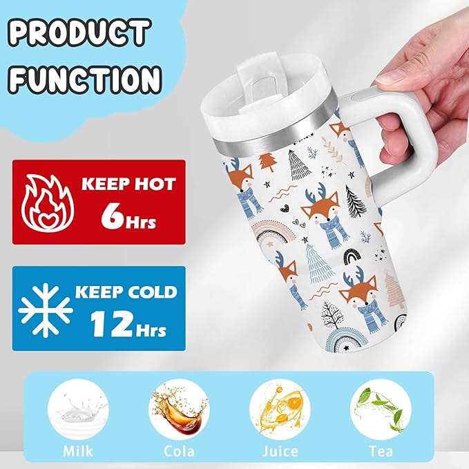 Fox Gifts for Girls - 14oz Kids Forest Red Fox Tumbler with Handle and Straw, Stainless Steel Insulated Water Bottle, for Sport, School, Travel - Animal Lovers Children Birthday Gifts Cups(1pc) - Bloomnest