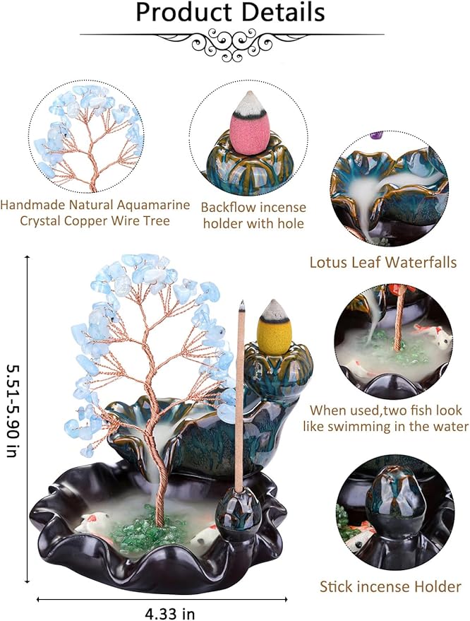 Jovivi Backflow Incense Burner Ceramic Incense Waterfall, Natural Aquamarine Healing Crystal Money Tree Incense Holder for Wealth, Good Luck, Yoga Meditation, Home Decor - Bloomnest