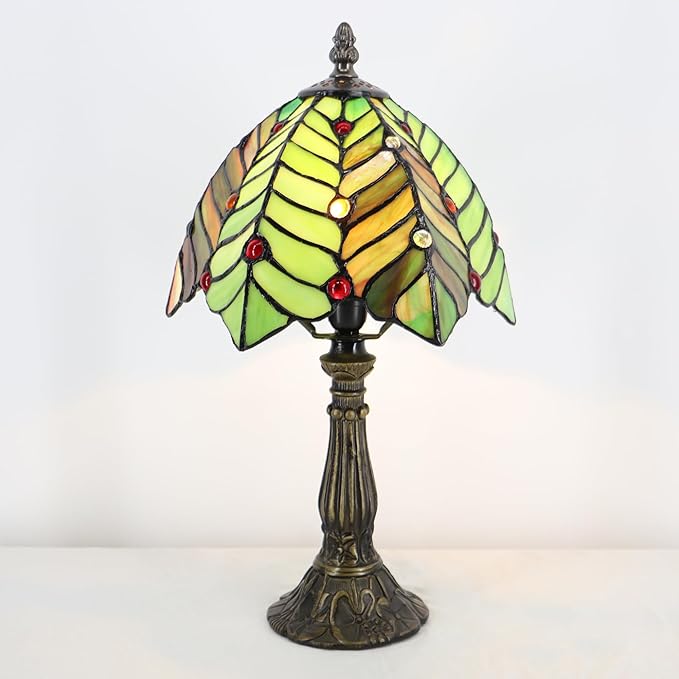 Small Tiffany Lamp Mini Accent Table Lamp Stained Glass Desk Memory Lamp Sympathy 8X14.5 Inch (Brown Green Leaf) - Bloomnest