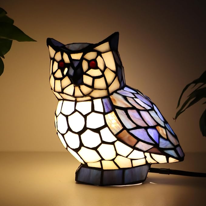Tiffany Owl Lamp Blue and White Stained Glass Animal Table Lamp Accent Lamp - Bloomnest