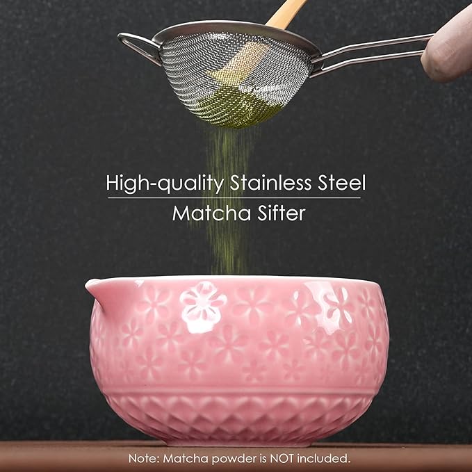 7Pcs Matcha Whisk Set, Ceramic Matcha Bowl with Spout, Bamboo Whisk and Holder,Bamboo Scoop,Scoop Rest,Sifter,Tea Towel, Matcha Kit with Cherry Blossom Carved Patterns for Matcha Lovers (Sakura Pink) - Bloomnest