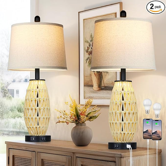 27“ Beige Boho Rattan Table Lamps with Night Light, Natural Bedroom Lamps Set of 2 with USB A+C Charging Ports, Rustic Farmhouse Woven Wicker Bedside Nightstand Lamp for Living Room End Tab - Bloomnest