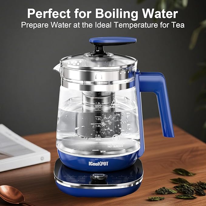 Electric Kettle, 1.5L Borosilicate Glass Hot Water Kettle Electric & Tea Kettle for Coffee or Tea, BPA Free, Auto Shut-Off, Stainless Steel, Blue, 1200w - Bloomnest
