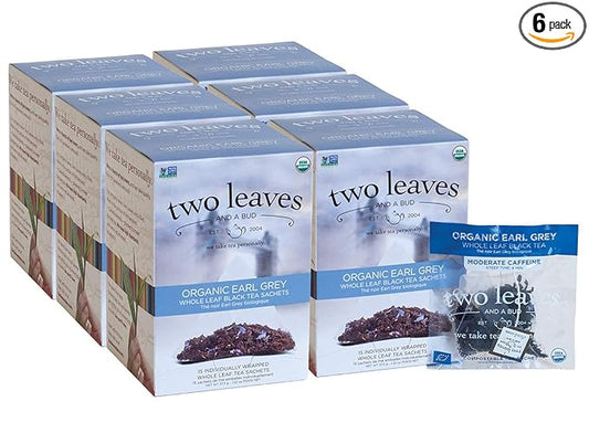 Two Leaves and a Bud Organic Earl Grey Tea Bags, Whole Leaf Caffeinated Black Tea in Compostable Sachets, 15 Count (Pack of 6) - Bloomnest
