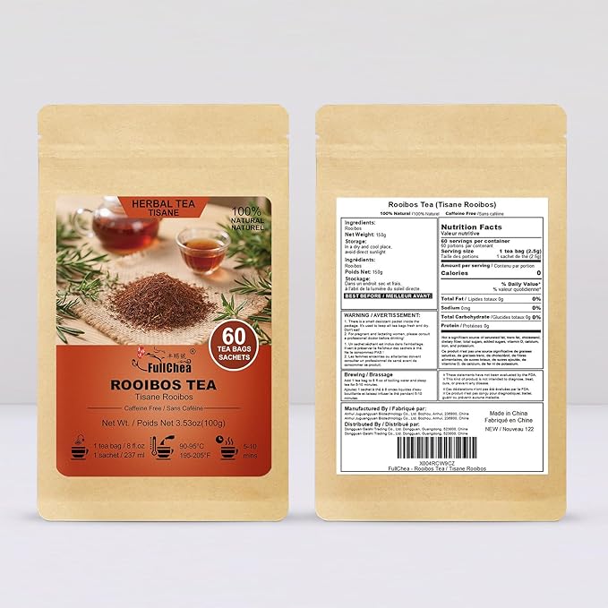 FullChea - Rooibos Tea Bags, 60 Counts - Premium South African Natural Rooibos - Non-GMO - Caffeine-Free - Antioxidant-Rich & Supports Digestion - Bloomnest