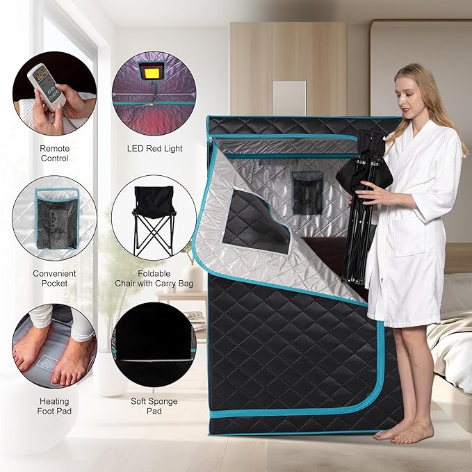 Smartmak Portable Infrared Sauna Box for Home with 660nm Red Light Therapy Lamp, Full Body Dry Sauna Tent, Personal Saunas with 6 Carbon Fiber Panels, Foot Pad, Foldable Chair for Body Recovery Smartmak