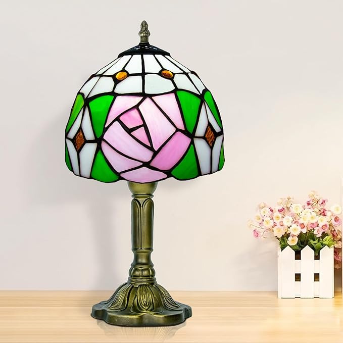 Pink Rose Tiffany Lamp, 8 Inch Small Stained Glass Lamp for Bedside, Bedroom, Living Room - Bloomnest