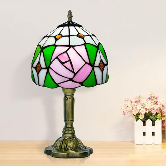 Pink Rose Tiffany Lamp, 8 Inch Small Stained Glass Lamp for Bedside, Bedroom, Living Room - Bloomnest