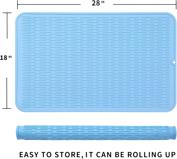 Silicone Dish Drying Mat for Multiple Usage,Easy clean,Eco-friendly,Heat-resistant Silicone Mat for Kitchen Counter or Sink,Refrigerator or Drawer Liner Light Blue 3XL 28 inches x 18 inches - Bloomnest