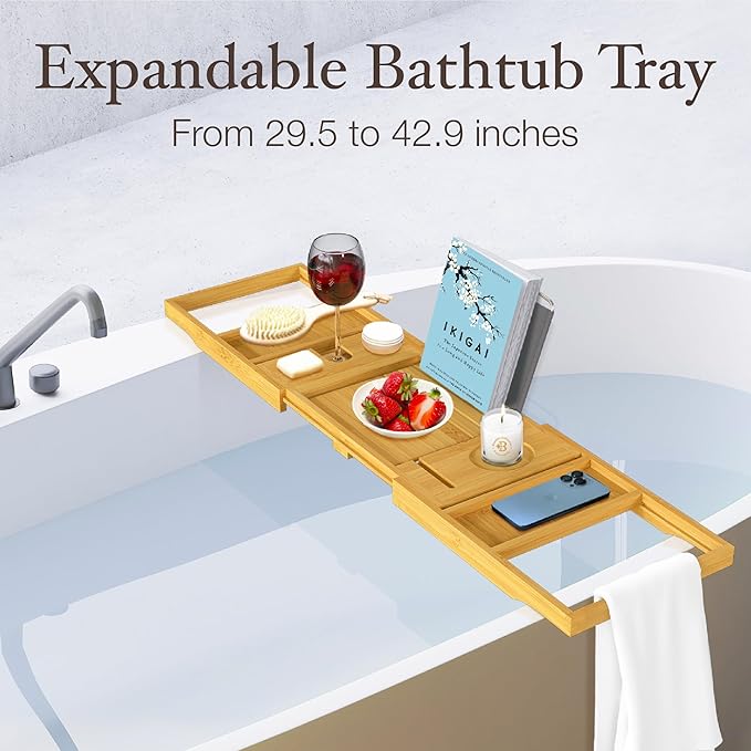 Wooden Bathtub Tray - Foldable Expandable Bamboo Bath Tray for Tub with Wine Holder, Book & Tablet Stand - Bath Caddy for Bathtub, Spa Bath Accessories for Women, Tub Tray Table, Gift for Her or Him - Bloomnest