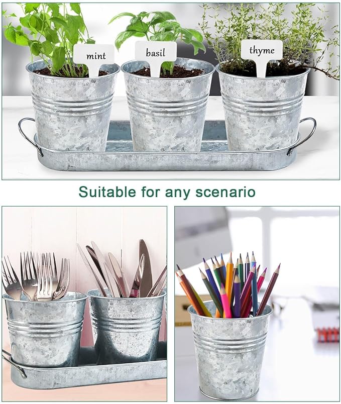 vensovo Indoor Herb Planter Set - Galvanized Windowsill Garden Pots with Tray & Drainage, Set of 3 Metal Window Planters for Kitchen & Outdoor Use, Silver - Bloomnest