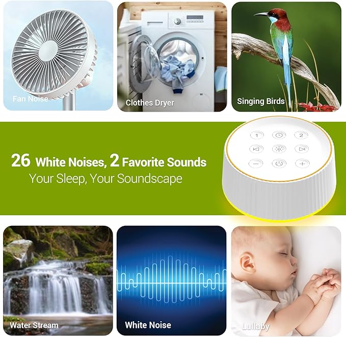 BGOVERSS Sound Machine with 26 Soothing Sounds, 10 Colors Night Light White Noise Machine for Adults Baby Kids Sleep Machines Function, Volume Levels 6 Timers for Home Office Travel - Bloomnest
