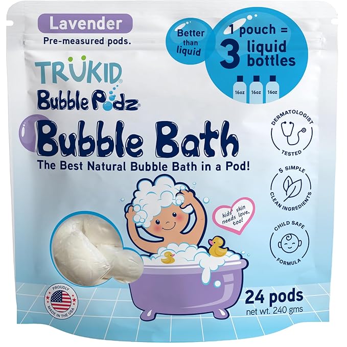 TruKid Bubble Podz Bubble Bath for Kids, Toddlers, & Babies, Tear Free Gentle & Refreshing Bath Bomb for Sensitive Skin with Natural Moisturizers, Non-Toxic, pH Balanced, Lavender Scent (24 Podz) - Bloomnest