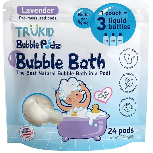 TruKid Bubble Podz Bubble Bath for Kids, Toddlers, & Babies, Tear Free Gentle & Refreshing Bath Bomb for Sensitive Skin with Natural Moisturizers, Non-Toxic, pH Balanced, Lavender Scent (24 Podz) - Bloomnest