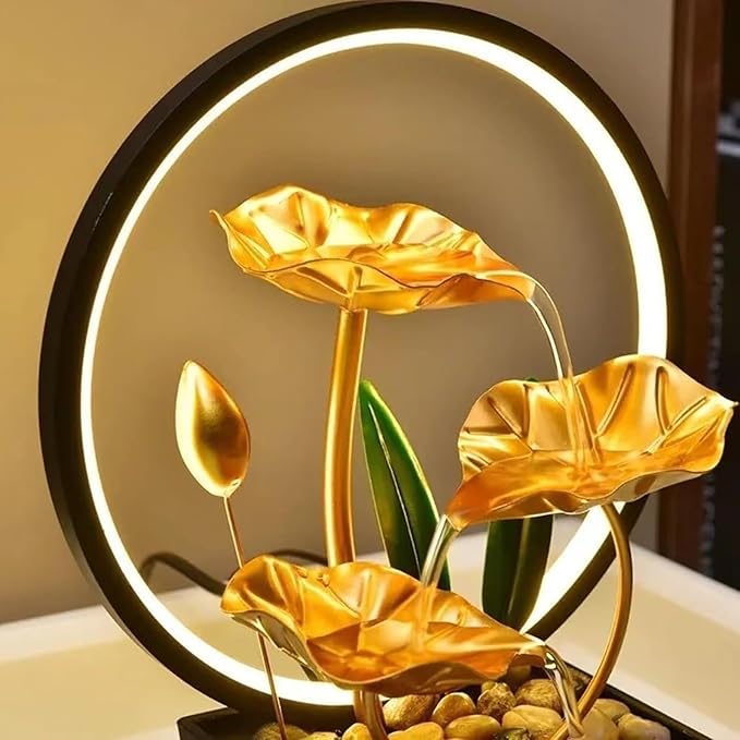 Tabletop Water Fountain with Led Light, Gold Lotus Waterfall Fountain Indoor 11 in USB Powered Flower Waterfall Zen Table Fountains with 1 Replacement Water Pump - Bloomnest