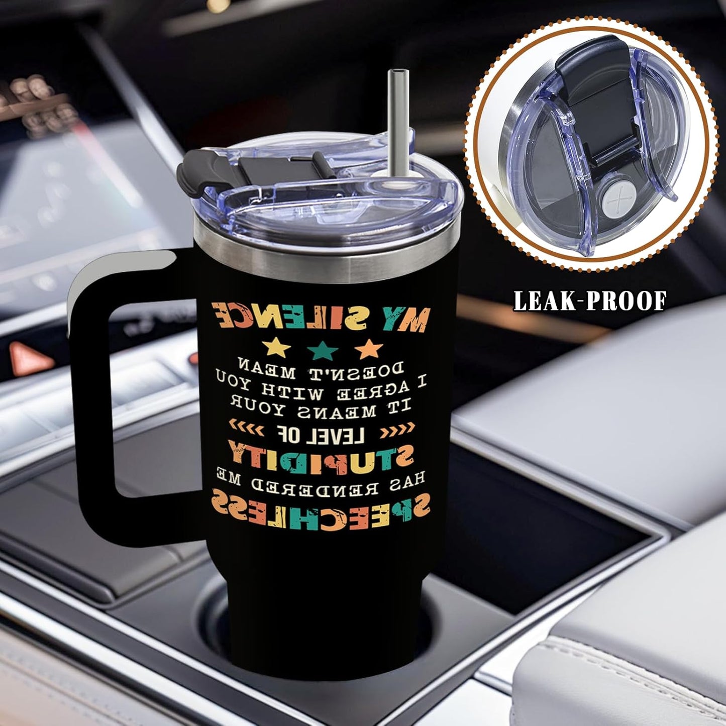 DUUV Sarcastic Tumbler 40 Oz, 'My Silence Doesn't Mean I Agree' Funny Insulated Mug for Christmas Thanksgiving, Gag Gifts for Coworkers, Boss, Friends, Office Parties, 1PCS