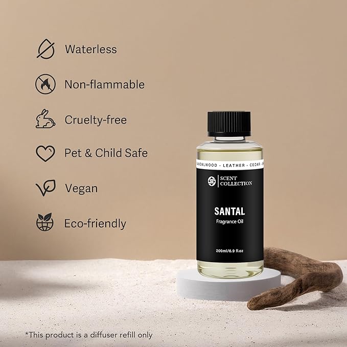 Luxury Hotel Scent Santal Diffuser Oil Waterless Essential Aromatherapy for Cold Air & Car Diffusers – Long Lasting Refill for Large Room & Home - Signature Sandalwood (200ml/6.76Fl oz) - Bloomnest