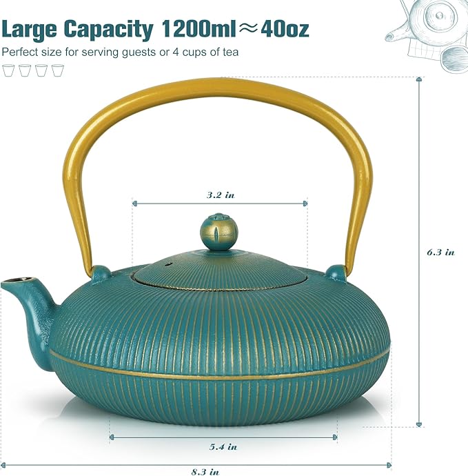 Green Cast Iron Teapot Large Capacity 40oz/1200ml with Infuser for Loose Leaf Stovetop Safe Vertical Stripe Flat Tea Kettle, Enameled Interior - Bloomnest