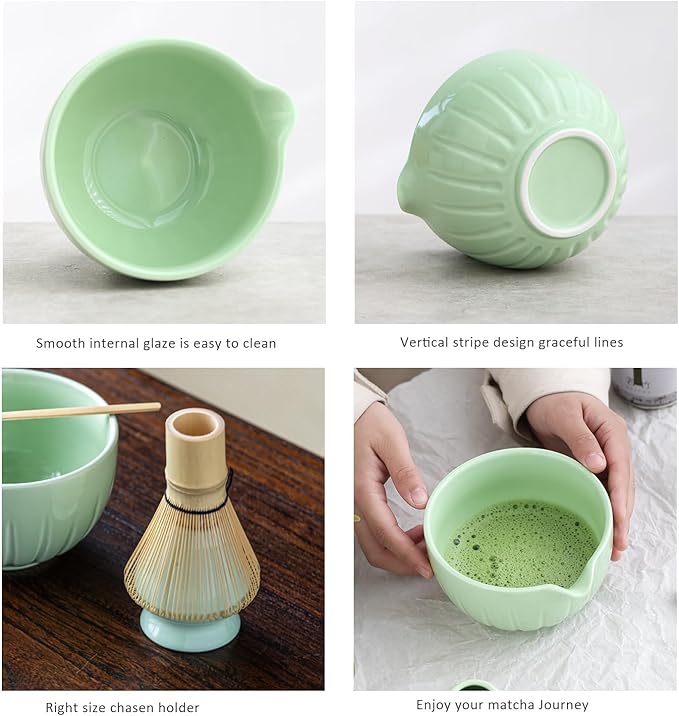 TANG PIN Matcha Set - Match Bowl with Spout and Whisk, 15 OZ, Matcha Scoop | Matcha Whisk Stand (Chasen Holder) - 4pc Perfect Matcha Kit for Matcha Tea Ceremony (Green) - Bloomnest