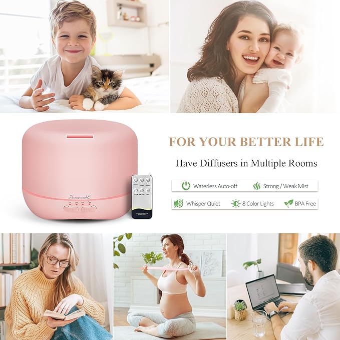 Aromatherapy Essential Oil Diffuser for Room: 500ml Colorful Aroma Air Humidifier with Adjustable Cool Mist Mode, Waterless Auto Off Ultrasonic Diffusers for Large Room Home Office(Pink) - Bloomnest
