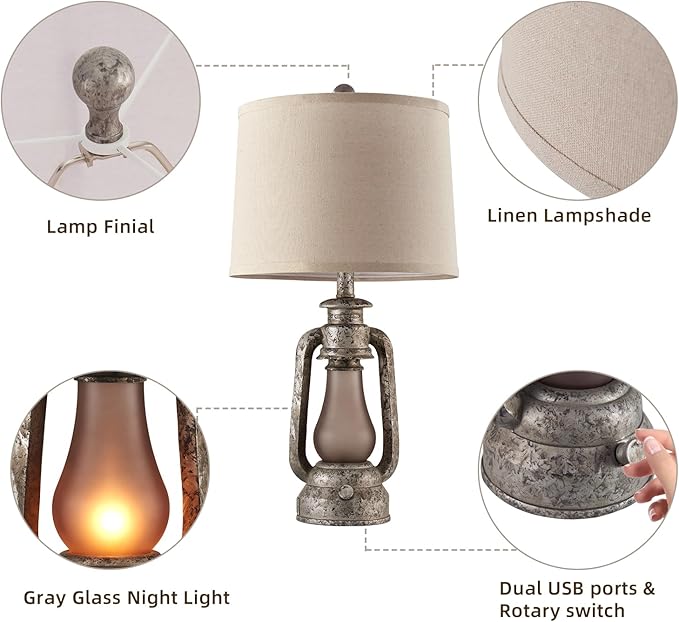 RORIANO Farmhouse Rustic Table Lamps for Living Room Set of 2,Vintage Lantern Table Lamp with Dual USB Ports, 25" Tall Retro Bedside Lamp for Bedroom Nightstand, 4 Bulb Included (Iron Gray) - Bloomnest