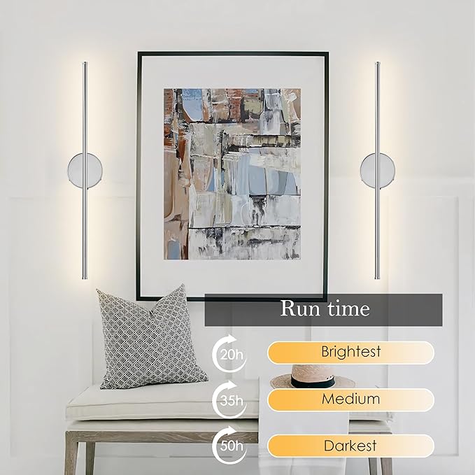 Battery Operated Wall Sconces with Remote Control, Dimmable Wall Sconces Set of Two, 350°Rotate, 3000K LED Chrome Wireless Wall Light for Living Room, Bedroom, Hallway, 28.3 Inch (2 Pack) - Bloomnest