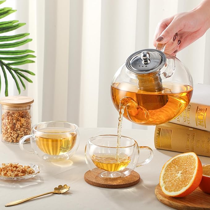 50OZ/1500ML Glass Teapot Set with 4 Double Wall Teacups & Removable Infuser, Stovetop & Microwave Safe Clear Tea Maker Water Kettle with 7OZ/200ML Tea Cups for Loose Leaf Blooming Tea - Bloomnest