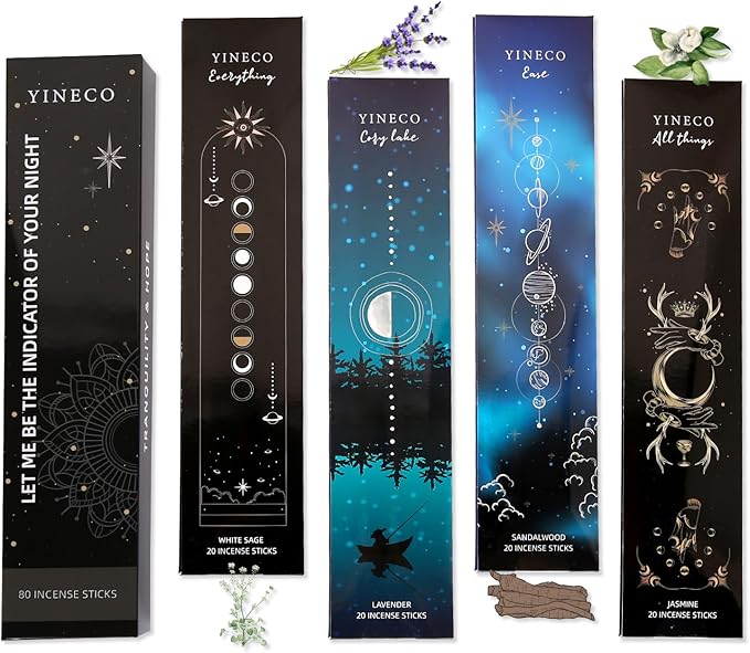 Incense Sticks Gift Set of 80-4 Scents (White Sage, Sandalwood, Jasmine & Lavender), Organic & Slow-Burning for Relaxation, Meditation & Aromatherapy (Black) YINECO