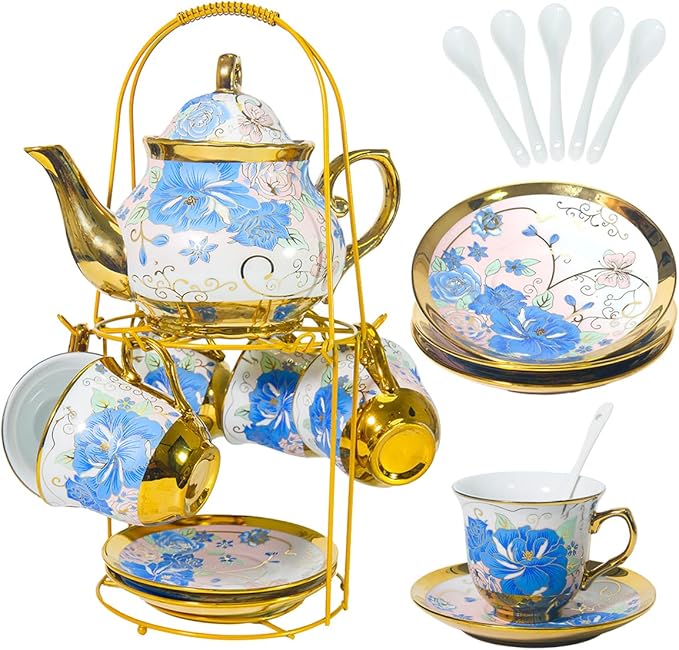 CHANJOON Gold Plated Red Rose Ceramic Tea Set, Vintage Tea Sets with Teapot, Beautiful Tea Set Coffee Serving 6 People (Blue Rose, large) - Bloomnest