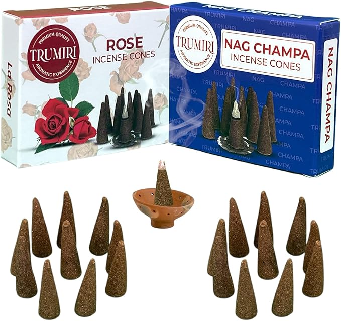 TRUMIRI Incense Cones - Combo Pack of 20 Cone Incense - Nag Champa & Rose Scents TRUMIRI