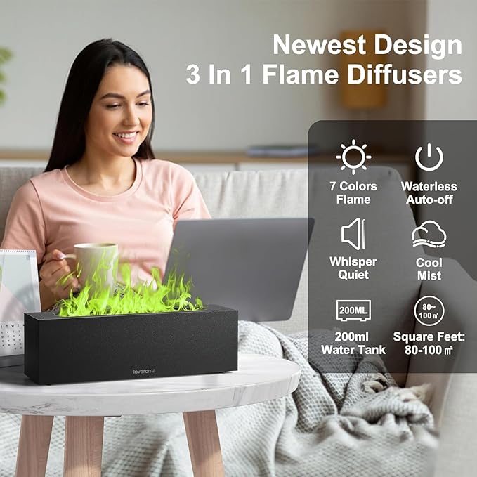 Flame Diffuser for Essential Oils - 200ml Ultrasonic Aroma Diffusers with 7 Color Flame Light Aromatherapy Diffuser & Cool Mist Humidifier for Home, Office, Bedroom, Type-c Cable, Auto-Off Protection - Bloomnest