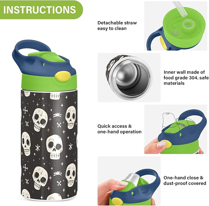 Human Skeleton Funny Skull Kids Water Bottle with Straw Lid Insulated Tumbler with Handle Stainless Steel Reusable Toddlers Cup for Kids Boys 12 oz - Bloomnest