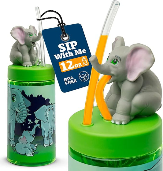 Kids Water Bottle, Toddler Cups, Tumbler with Lid and Straw, Travel Sippy Cup for Water or Milk, Kids Cups with Lids for Toddlers 3 and Up, BPA Free Plastic, 12 oz (Trend Zoo Elephant) - Bloomnest