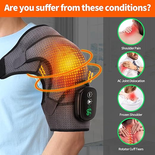 Cordless Heated Shoulder Brace Wrap, Heating Pad with Massage, 3 Heat & Vibration, 5000mAh Battery Powered, Shoulder Massager for Men Women - Bloomnest