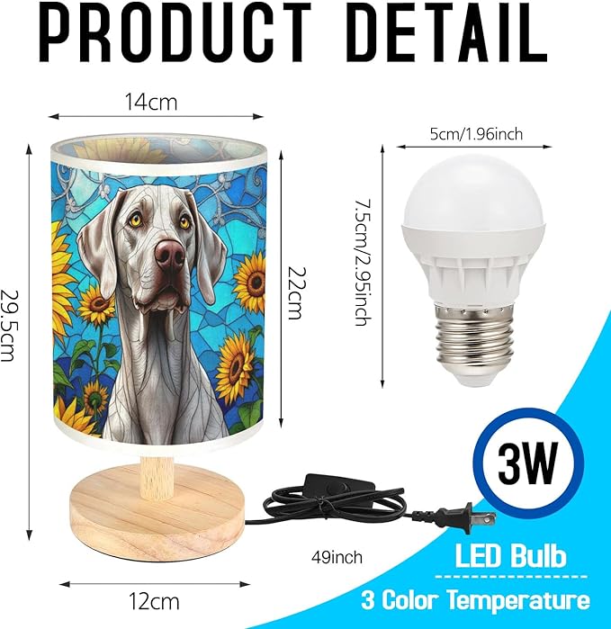 Weimaraner Table Lamp LED 3-Color Pressed Bedside, Dog Shade Lamp with Wood Base for Bedroom Living Room Desk Office - Bloomnest