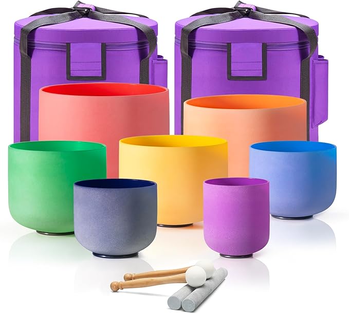 CVNC Set Of 7 PCS 440HZ 6-12 Inch Colored Frosted Chakra Quartz Crystal Singing Bowls Sound Healing Instrument with 2 PCS Travel Carry Case Bag for Meditation - Bloomnest