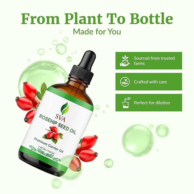 SVA Rosehip Seed Oil - 4 Fl Oz – 100% Natural & Cold Pressed - for Face, Skin Care, Hair Care, Scalp Massage & Body Massage – Carrier Oil with Dropper - Bloomnest
