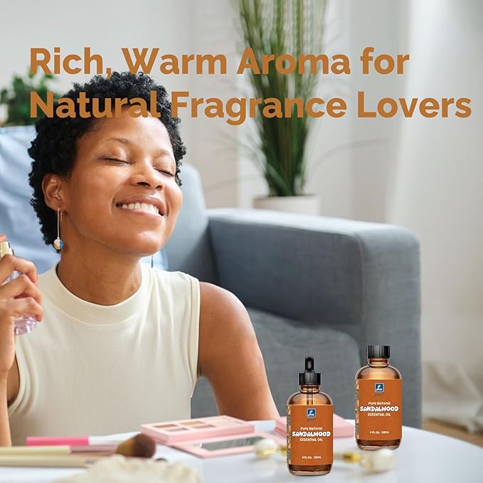 Sandalwood Essential Oil 4 Oz, 100% Pure Sandalwood Oil for Diffuser, Skin, Hair, Body & Face, Perfume Base Note for Men & Women, Aromatherapy & Massage - Bloomnest