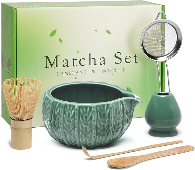 Matcha Whisk Set, Cactus Dark Green Ceramic Matcha Set Includes Matcha Bowl, Matcha Whisk (Chasen) and Holder, Sifter, Bamboo Scoop & Spoon - 6 Pcs Matcha Kit for Matcha Lovers - Bloomnest
