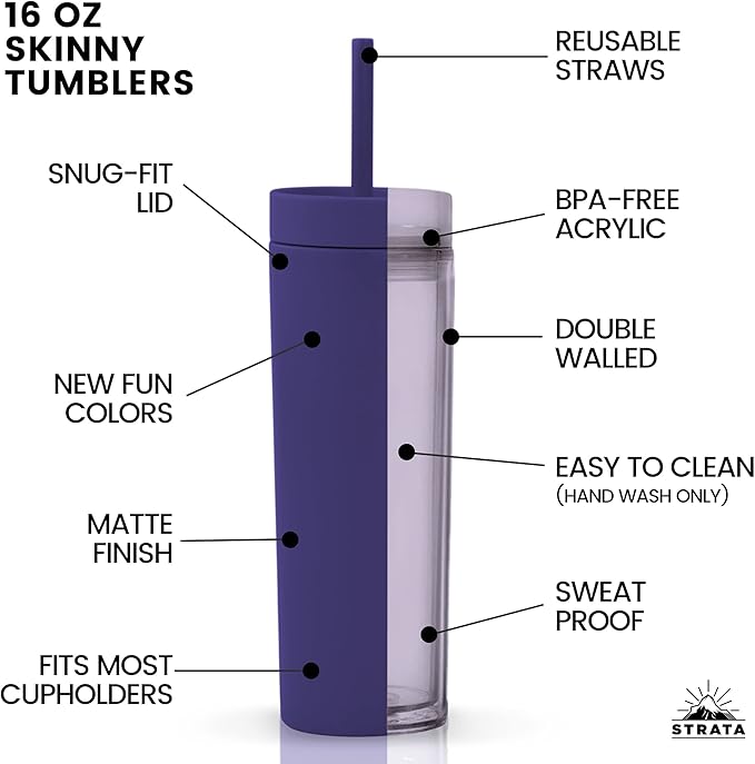 STRATA CUPS Purple Skinny Tumblers with Lids and Straws (12 pack) - 16oz Double Wall Acrylic Tumbler, Tall Matte Skinny Tumblers, Bulk with Free Straw Cleaner, Reusable Cups - Bloomnest