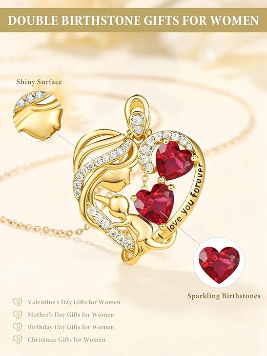 14K Gold Double Birthstone Heart Necklace for Women Mom, Mother Son/Daughter Pendant Necklace for Christmas Mother's Day Birthday Gifts for Wife Daughter Grandmom - Bloomnest