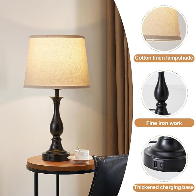 Bedside Table Lamp Touch Control Bedroom Lamps with USB A and C Charging Port 3 Way Dimmable Touch Lamps for Nightstand Living Room Bedroom Dorm Home Office Reading, Set of 2 - Bloomnest