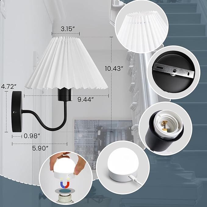 Rechargeable Battery Operated Wall Sconce Sets of 2, 15 Colors Wireless gooseneck Black Wall Lights Fixture with Dimmable Bulbs and Remote, Not Hardwired Wall Mounted Lamps for Bedroom Living Room - Bloomnest
