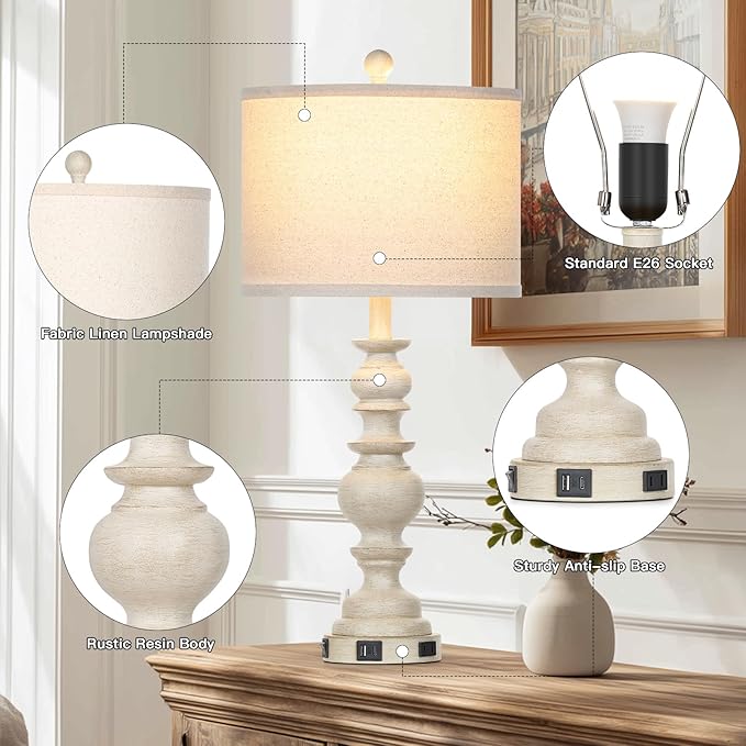 27.5" Beige Farmhouse Table Lamps for Living Room, Rustic Bedside Lamps with USB C+A Ports & AC Outlet, Vintage Bedroom Lamp Set of 2, Tradition Night Stands Lamp for Side End Table Desk - Bloomnest