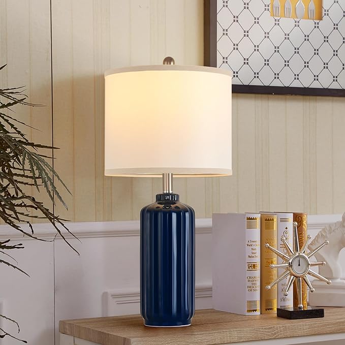 Lamp for Living Room Bedroom Lamps Farmhouse Table Lamps Set of 2 Vertical Stripe Ceramic Table Lamp,Linen Shade with Bulb, 25 in High,Navy Blue - Bloomnest