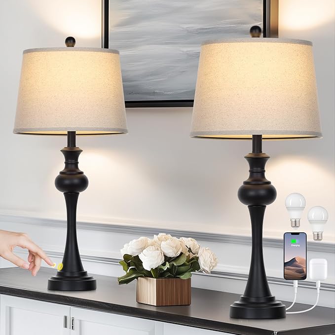 28.75" Black Table Lamps Modern 3-Way Dimmable Bedside Lamp with USB A+C Ports & AC Outlets for Living Room Bedroom Nightstand Lamp,Beige Fabric Shade Mid Century Accent Style - Bloomnest