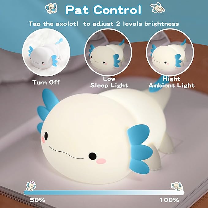 Axolotl Night Light,Cute Axolotl Lamp,Food Grade Silicone Nursery Nightlight,Rechargeable/Dimmable LED Squishy Novelty Animal Bedside Touch Lamp,Baby Room Decor, Axolotl Gifts for Kids/Boys - Bloomnest