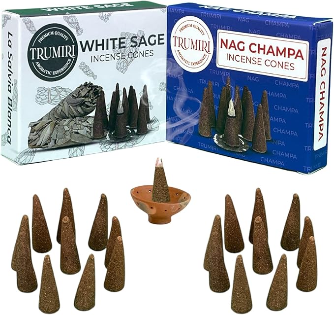TRUMIRI Incense Cones - Combo Pack of 20 Cone Incense - 10 Nag Champa + 10 White Sage - Insence Cones - Incense Cones Scented - Cone Incense Scents - Insense Cones - Incent Cone TRUMIRI