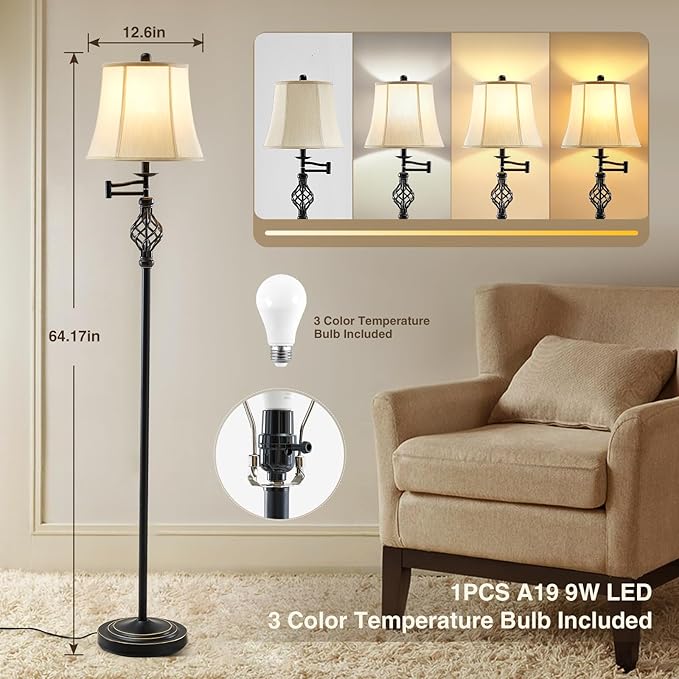 GyroVu 3 Color Temperature LED Floor lamp, Traditional 350° Adjustable Swing Arm Floor Lamp Vintage Pole lamp Farmhouse Lamp for Living Rooms & Offices, Rustic Standing Lamp for Bedroom Reading - Bloomnest